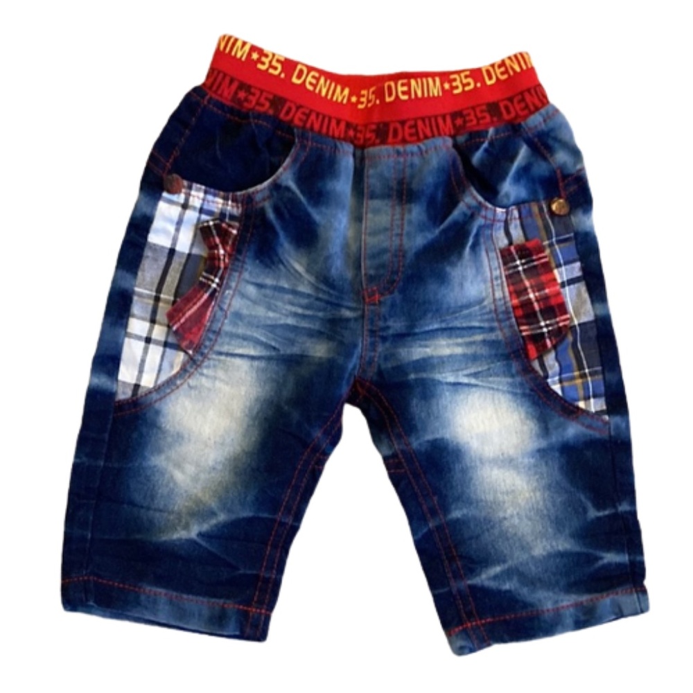 Kids shorts patchwork denim plaid blue red children